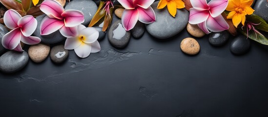 Obraz na płótnie Canvas Printable wall poster featuring spa stones adorned with frangipani rose and lily blossoms