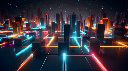 Generative AI illustration of geometric figures illuminated by colorful lights
