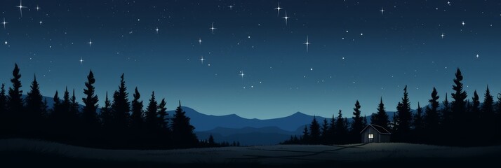 A Serene Escape: Simplified Cabin Outline Against a Starry Night Sky, Perfect for Tranquil Backgrounds and Rustic Designs - obrazy, fototapety, plakaty