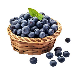 Blueberries in wicker basket isolated on transparent background