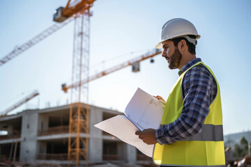 Portrait of a male engineer in safety helmet and reflective vest works and check building construction blueprint plan at a working site. Generative AI.