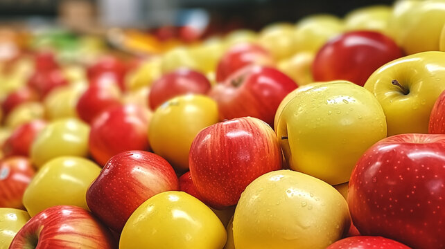A zoom-in realistic photograph of a pile of red and yellow fresh apples looks fresh and delicious.