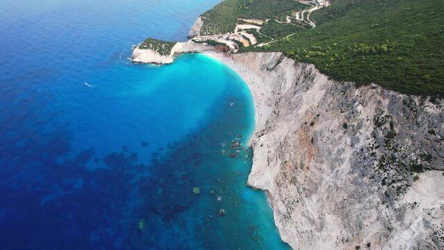 Flying over porto Katsiki beach, Lefkada, during the summer, Greek Ionian Islands.