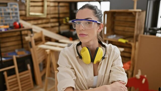 Confident young hispanic woman sporting cool safety glasses at carpentry workshop, with a radiant smile of sheer job satisfaction.
