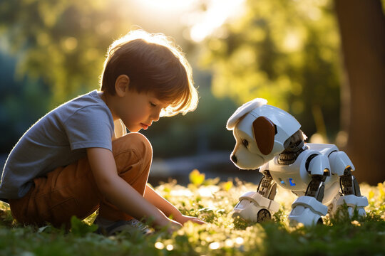 A little boy playing with a small puppy robot or cyborg dog pet model under the warm sunshine light in a garden or park. Generative AI.