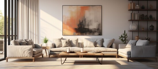 A room with two couches a coffee table and a wall mounted painting