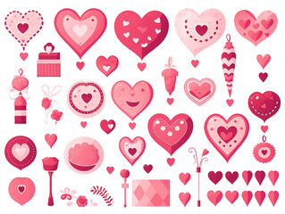 Valentine's day elements, pink color, heart, white background, graphic illustration