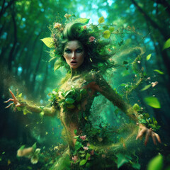 Obraz na płótnie Canvas illustration on a nature goddess, elemental or sprite in a lush jungle forest