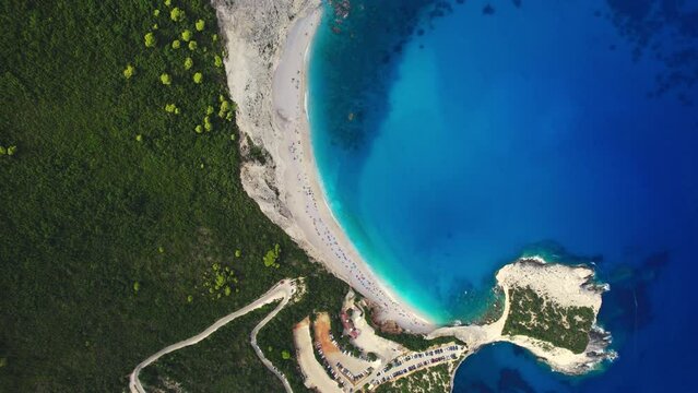 Flying over porto Katsiki beach, Lefkada, during the summer, Greek Ionian Islands.