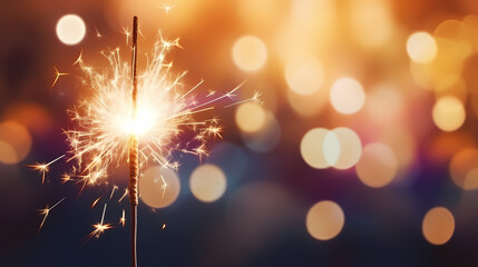 background with sparkler at new year`s eve party with bokeh of glowing colorful lights