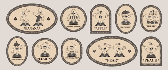 Fruit retro funky groovy mascot labels. Comic characters of fresh fruits in cartoon vintage style. Fruits juicy sticker pack and patches. Healthy and vegan food. Monochrome palette. vector