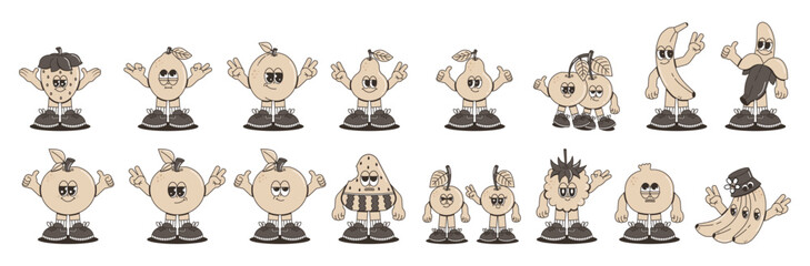 Set of cute characters fresh fruits in groovy cartoon style. Trendy and modern illustration with funky comic mascot. 70s, 80s retro vibes. Monochrome palette. vector