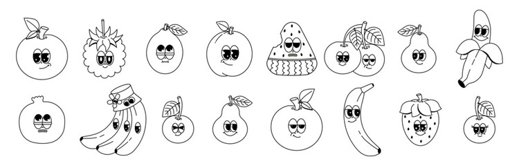 Set of cute characters fresh fruits in groovy cartoon style. Vintage stickers mascot with psychedelic smile and emotion. Black and white colors. Vector illustration