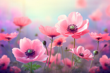 Beautiful pink flower anemones fresh spring morning on nature