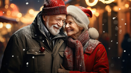 Senior couple in love at Christmas outside on snowy day. Concept of Elderly Love and Holiday Romance, Affectionate Bond Amidst Festive Season.