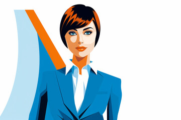 The blue and orange flat portrait illustration of a beautiful and young professional business woman in a smart working suit isolated on a simple and colorful background. Generative AI.