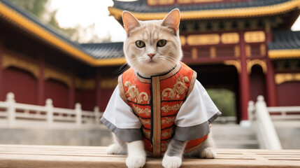 Cat dressing Chinese suit with traditional architecture on background.
