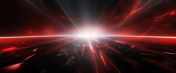 Abstract background with diffused tracks of bright red and white rays against dark blurred surface