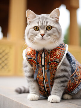Cat dressing Chinese suit with traditional architecture on background.