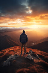 a person observing at a sunset in the mountains  Generative ai - 686448525