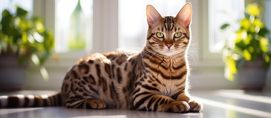 A Bengal cat enjoys sun and play in a bright room with a stunning tiger cat
