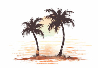 Fototapeta na wymiar Artistic island illustration featuring two palm trees in a unique grunge style