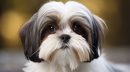 Naklejka na ściany i meble Shih Tzu dog with long groomed hair, outdoor portrait of 9 month old puppy.