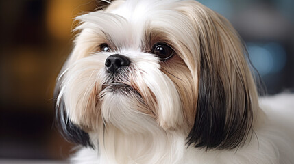 Shih Tzu dog with long groomed hair, outdoor portrait of 9 month old puppy.