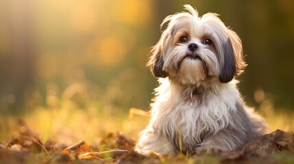 Naklejka na ściany i meble Shih Tzu dog with long groomed hair, outdoor portrait of 9 month old puppy.