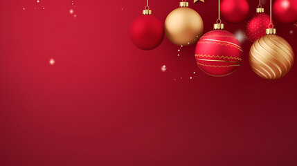 Obraz premium Christmas balls vector design. Merry christmas and happy new year greeting text with red and gold xmas balls hanging ornaments in elegant background. Vector illustration greeting card in red