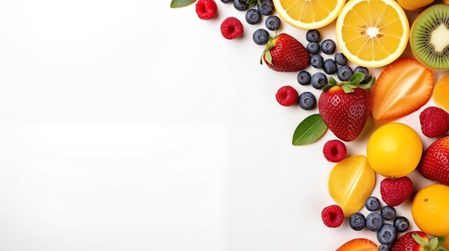 Creative layout made of fruits. Flat lay. apple, strawberry, blueberry, pineapple, lemon, orange mango and carambola on the white background.