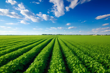 soybean field under clear blue sky - obrazy, fototapety, plakaty