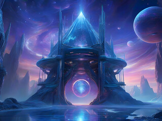 Step into a surreal landscape with a phantasmagoric teleportation station, a hub of transdimensional travel. This vividly detailed digital painting unveils an ethereal gateway to infinite realms.