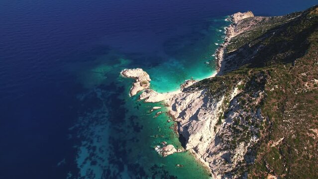 Flying over Paralia Petani Beach, Kefalonia, during summer, Greek Ionian Islands.