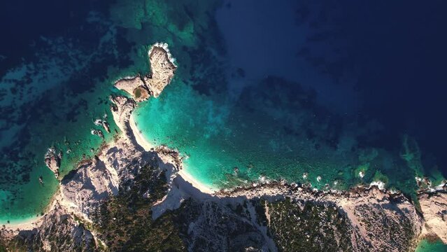 Flying over Paralia Petani Beach, Kefalonia, during summer, Greek Ionian Islands.