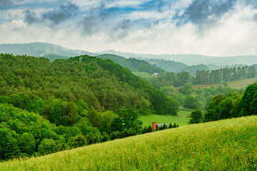 A bucolic scene of farms and fields in the summer near Boone, North Carolina