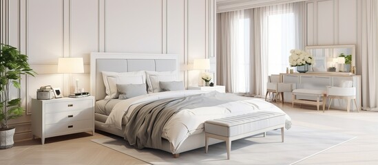 Big spacious bedroom with a comfortable double bed in an elegant modern interior