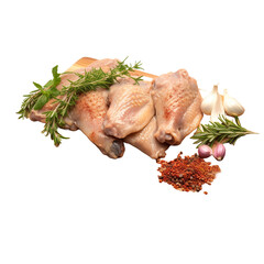 Chicken wings herbs garlic and cleaver on wooden board isolated on transparent background