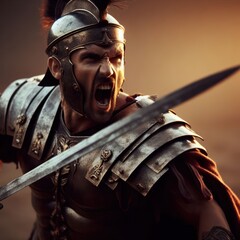 closeup of a roman warrior or gladiator angry in medieval battle - 686453137