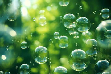 Numerous transparent soap bubbles floating through a green
