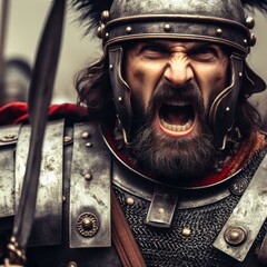 closeup of a roman warrior or gladiator angry in medieval battle - 686453334