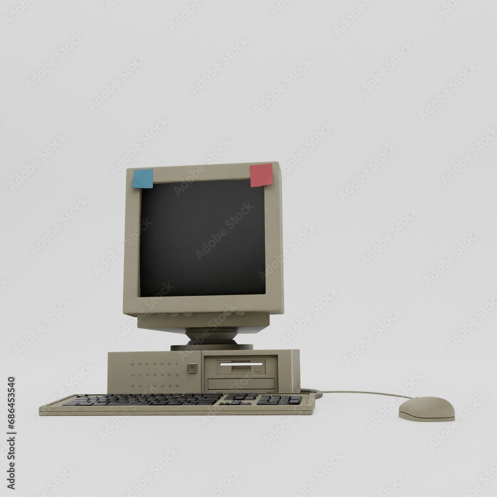 Poster old computer 3d rendering isolated on white background.