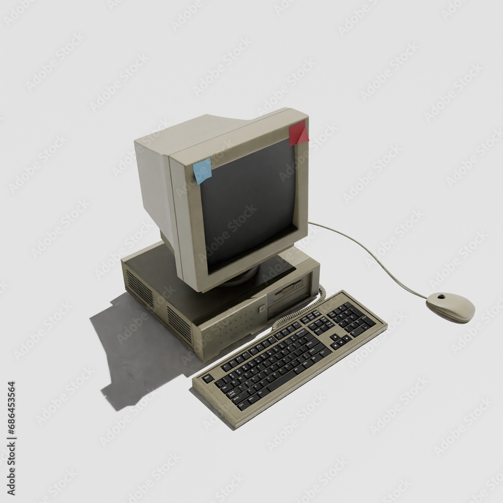 Poster old computer 3d rendering isolated on white background from top view sunlight.