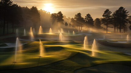 Golf course in maintenance, Watering The Golf Course, Sprinkler - obrazy, fototapety, plakaty