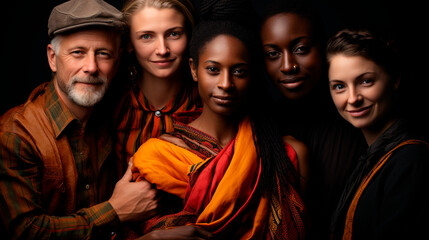 Fototapeta premium Diverse Radiance: Four Happy Women of Different and a men Races Gazing at the Camera