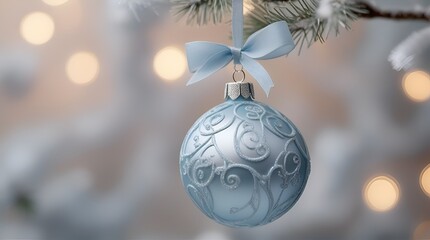 christmas balls tree decoration, bokeh circles on background, pastel blue photo