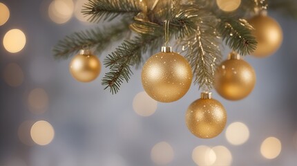 christmas balls tree decoration, bokeh circles on background, golden photo