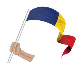 3D illustration. Hand holding flag of Romania on a fabric ribbon background.