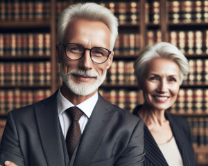 male and female experienced lawyers are a legal team in the law library