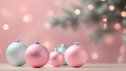 christmas balls tree decoration, bokeh circles on background, pastel pink photo